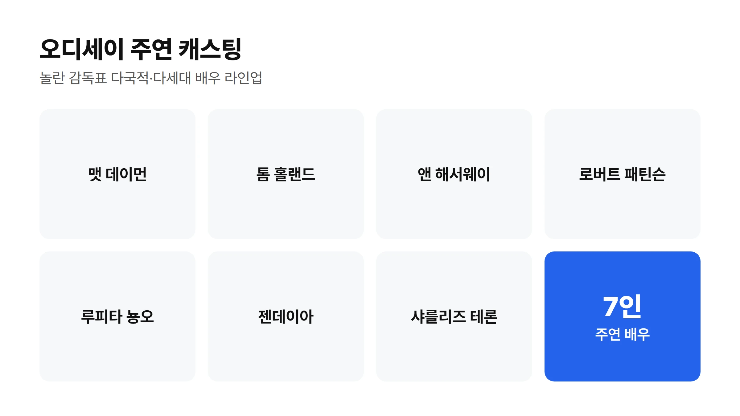 오디세이 주연 배우 7인(맷 데이먼, 톰 홀랜드, 앤 해서웨이, 로버트 패틴슨, 루피타 뇽오, 젠데이아, 샤를리즈 테론) 캐스팅 카드