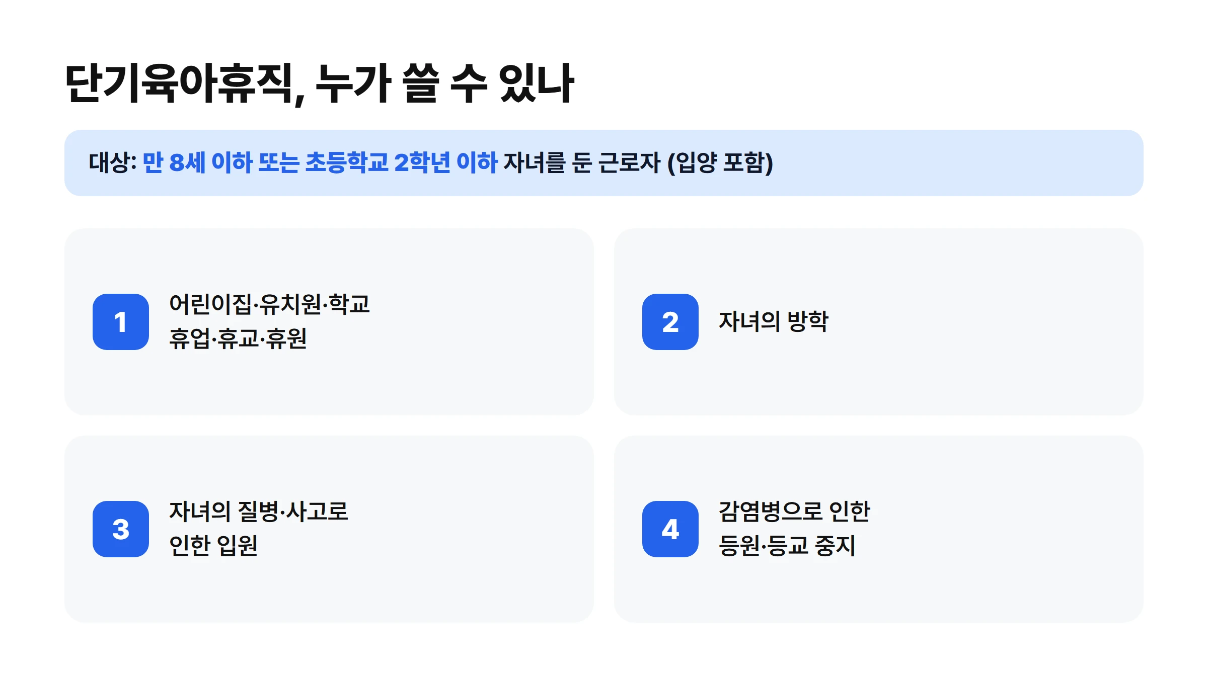 단기육아휴직 대상 및 사용 사유 카드 - 만 8세 이하 또는 초등학교 2학년 이하 자녀(입양 포함), 어린이집·유치원·학교 휴업·휴교·휴원, 자녀 방학, 자녀 질병·사고 입원, 감염병으로 인한 등원·등교 중지