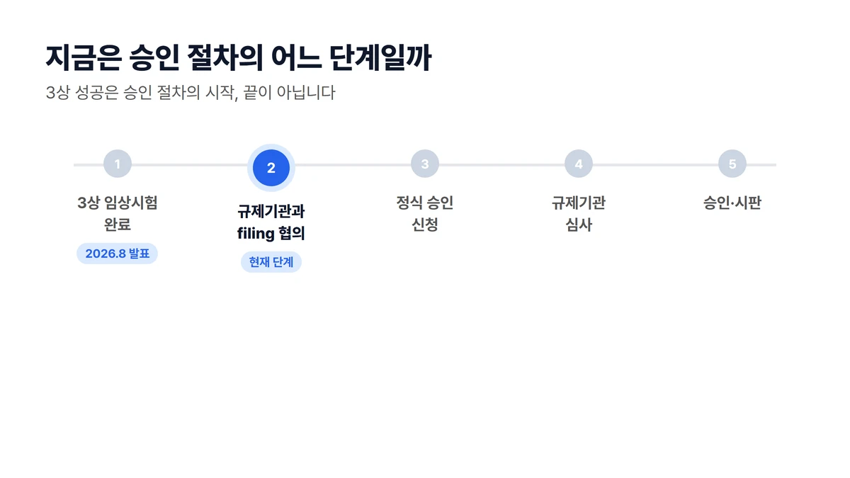 신약 승인 절차 5단계 타임라인: 3상 임상시험 완료, 규제기관과 filing 협의(현재 단계), 정식 승인 신청, 규제기관 심사, 승인 시판